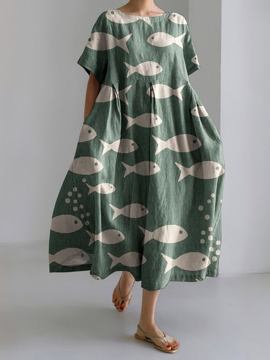 半袖プリントドレス - 魚