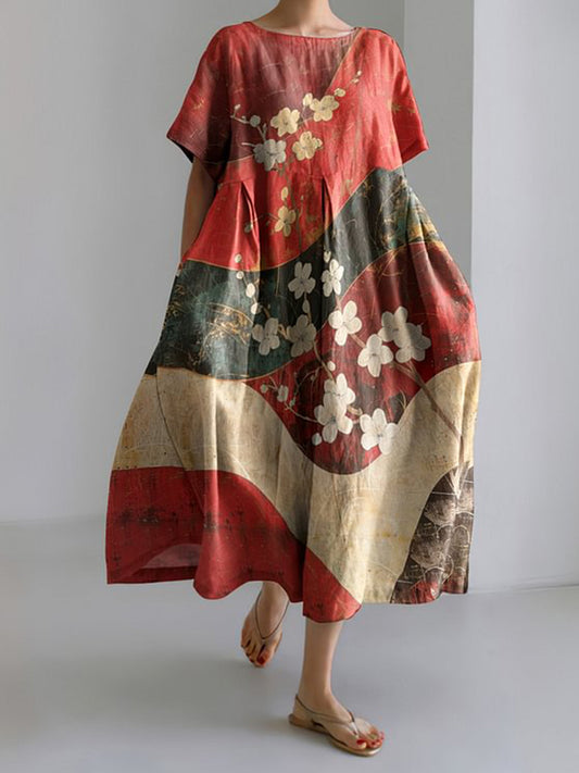 半袖プリントドレス - 赤い花