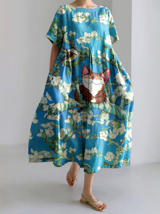 半袖プリントドレス - 幸せな猫