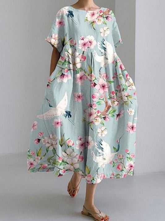 半袖プリントドレス - ピンクの花