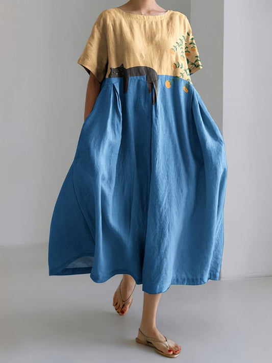 半袖プリントドレス - 怠け者の猫