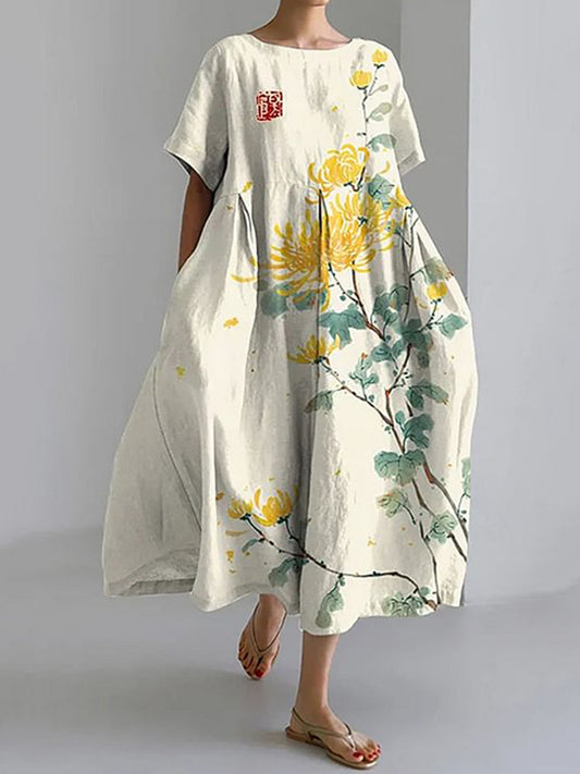 半袖プリントドレス - 黄色い花